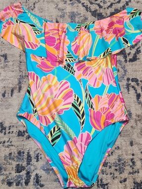 Trina Turk Poppy Off-the-Shoulder Ruffle Bandeau One-Piece Swimsuit